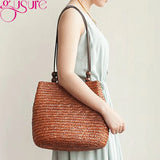 Straw Shoulder Bag Beach Bucket Handbag Rattan Woven Casual Tote