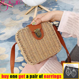 Women Rattan Straw Crossbody Bag Square Handbags Lady Shoulder Flap Bags