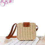 Women Rattan Straw Crossbody Bag Square Handbags Lady Shoulder Flap Bags