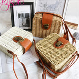 Women Rattan Straw Crossbody Bag Square Handbags Lady Shoulder Flap Bags