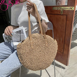 Women Rattan Shoulder Bag Wicker Straw Circular Woven Traveling Bag