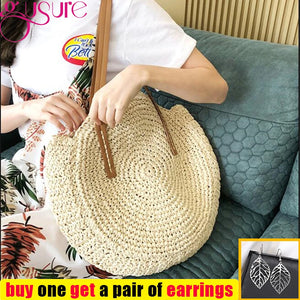 Women Rattan Shoulder Bag Wicker Straw Circular Woven Traveling Bag