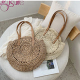 Women Rattan Shoulder Bag Wicker Straw Circular Woven Traveling Bag