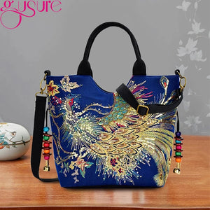 Embroidery Peacock Shoulder Bag Large Capacity Messenger