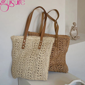 Women Summer Beach Bag Retro Knitted Straw Woven Handbag Large Capacity