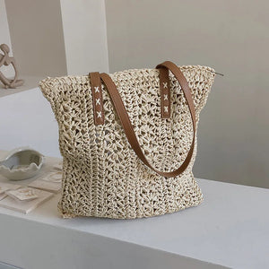 Women Summer Beach Bag Retro Knitted Straw Woven Handbag Large Capacity