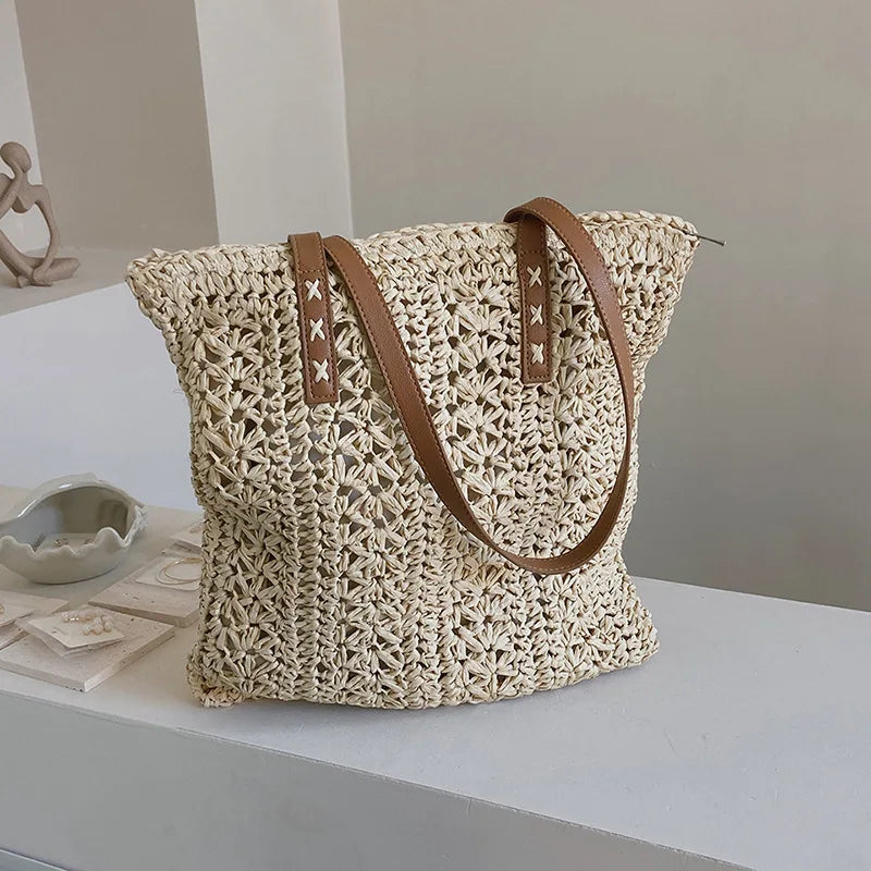 Women Summer Beach Bag Retro Knitted Straw Woven Handbag Large Capacity