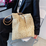 Women Summer Beach Bag Retro Knitted Straw Woven Handbag Large Capacity