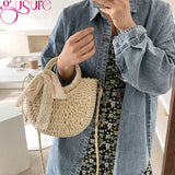 Women Straw Beach Bag Round Shoulder Crossbody Bow Rattan Handbag Bohemian Totes