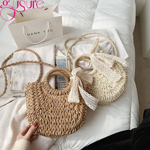 Women Straw Beach Bag Round Shoulder Crossbody Bow Rattan Handbag Bohemian Totes