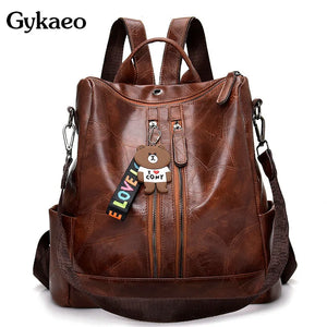 Summer Retro Women's Backpack Soft Leather School Bags for Teenage Girls