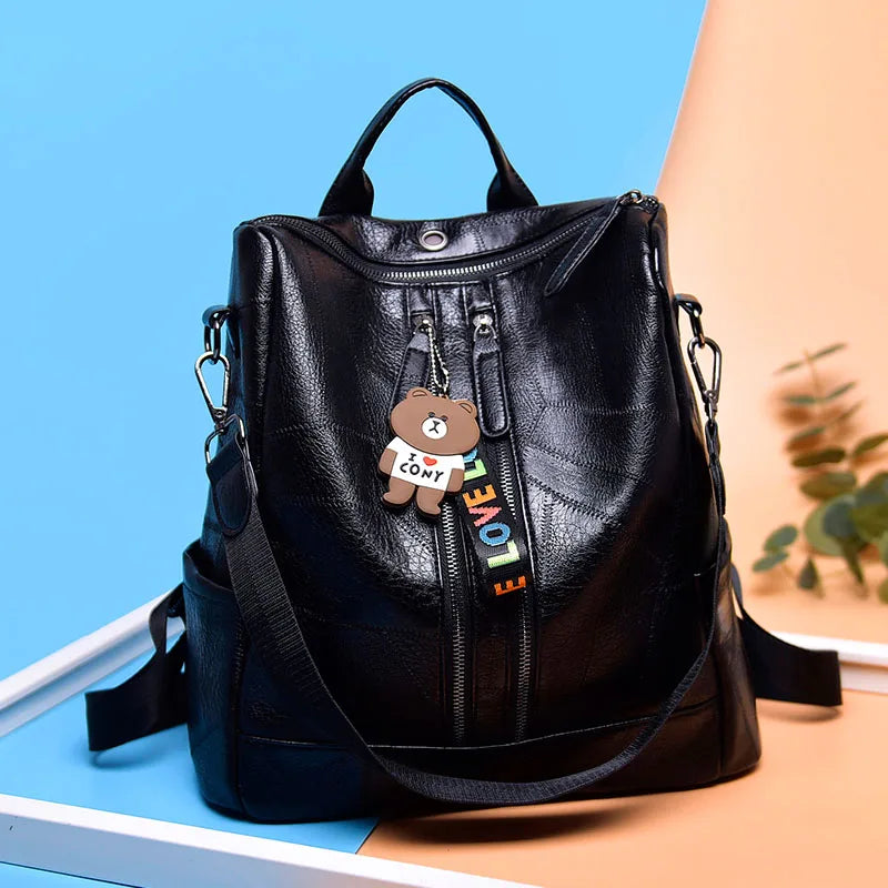 Summer Retro Women's Backpack Soft Leather School Bags for Teenage Girls