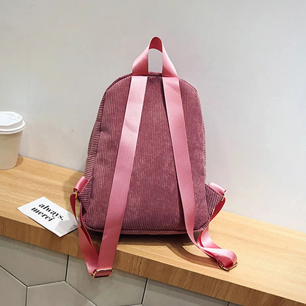 Corduroy Backpack Soft Fabric Female Pure Colour Student Bag School