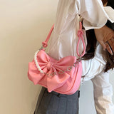 Women's Bow Pleated Underarm Shoulder Bag Chains Beading Handbag