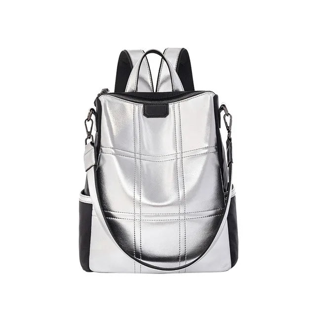 Summer High Silver PU Leather Backpack Waterproof Shoulder Bag