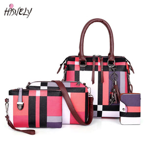 4PCS Set PU Leather Plaid Shoulder Bag Top-Handle Bag for Women