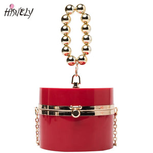 Golden Beaded Handle Acrylic Round Clutch Bag for Women