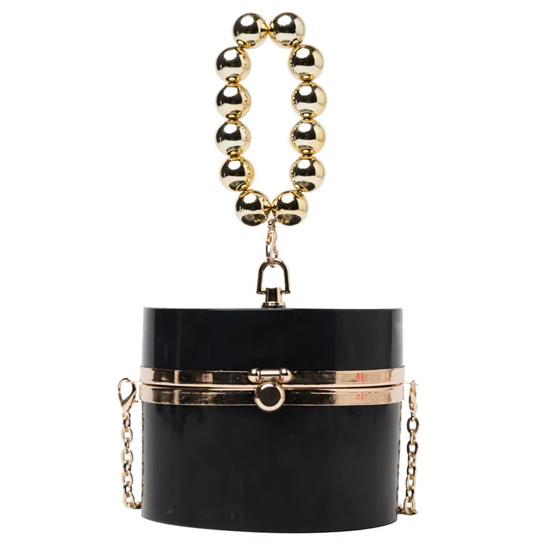 Golden Beaded Handle Acrylic Round Clutch Bag for Women