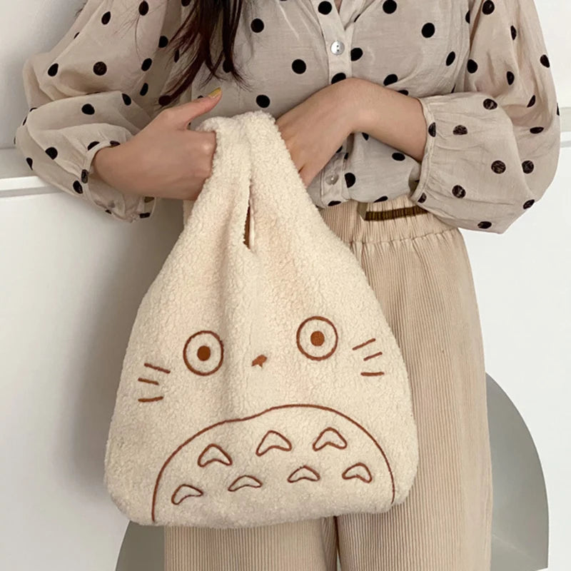 Cartoon Cat Embroidery Lamb Fabric Handbag for Women Girls