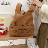 Cartoon Cat Embroidery Lamb Fabric Handbag for Women Girls