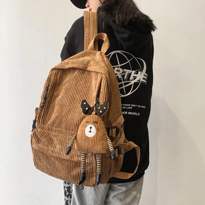 Women Corduroy Stripe Harajuku School Backpack Female Mochila