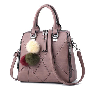 Small PU Leather Handbag with Fur Ball, Shoulder Bag for Women