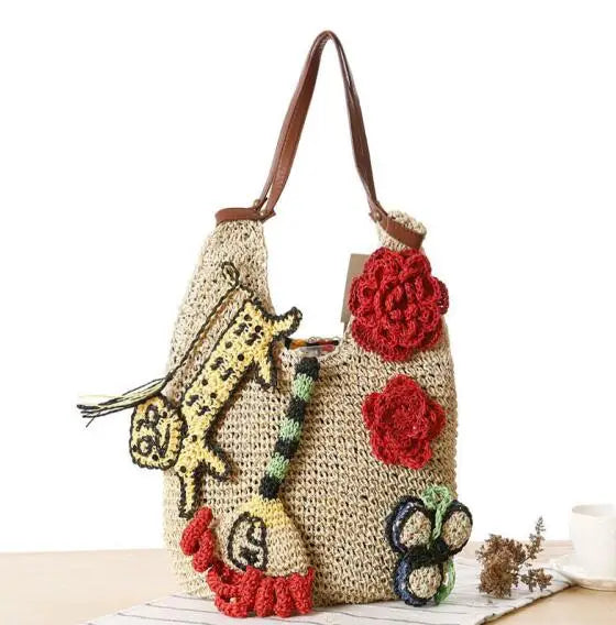 Straw Weaving Beach Bag Flower Handbag Summer Tote