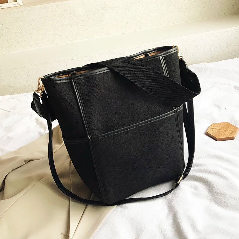 Panelled Canvas Shoulder Bag Large Capacity Handbag