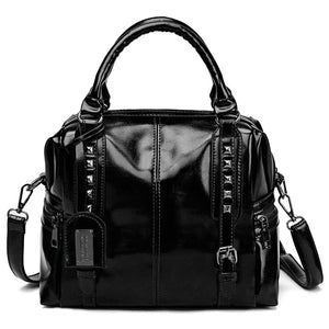 Oil Wax Leather Rivet Boston Bag Crossbody Tote Handbag