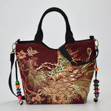Peacock Embroidered Canvas Totes Bag, Vintage Beaded Handbag