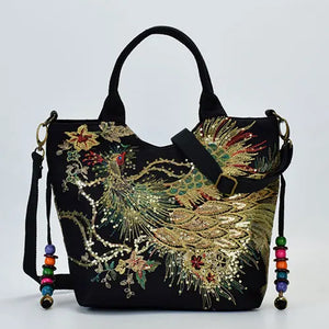 Peacock Embroidered Canvas Totes Bag, Vintage Beaded Handbag