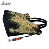 Peacock Embroidered Canvas Totes Bag, Vintage Beaded Handbag