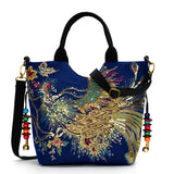 Peacock Embroidered Canvas Totes Bag, Vintage Beaded Handbag