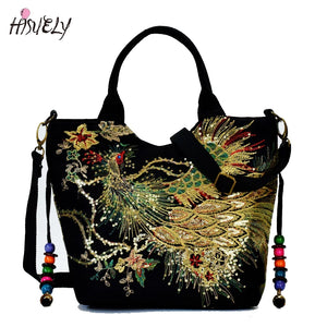 Peacock Embroidered Canvas Totes Bag, Vintage Beaded Handbag