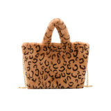 Leopard Faux Fur Shoulder Bag Chain Messenger Large Plush Handbag
