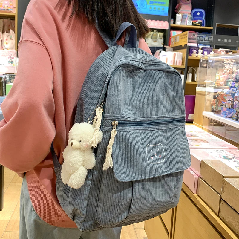 Corduroy Women Backpack Solid Female Student Schoolbag For Teenage Girl Travel