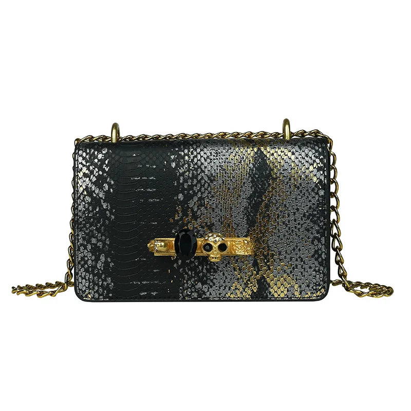 Female Snake Pattern Messenger Bag Skull Knucklebox Lock Flap Handbag Purse