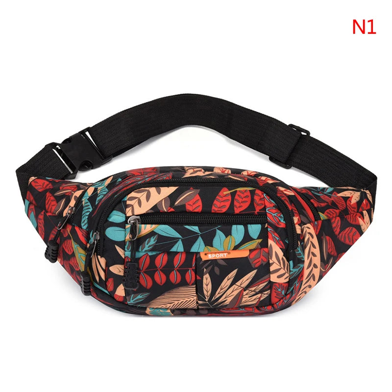 Leaf Printed Waist Bags Large Capacity Fanny Pack Canvas Travel Banana Bag