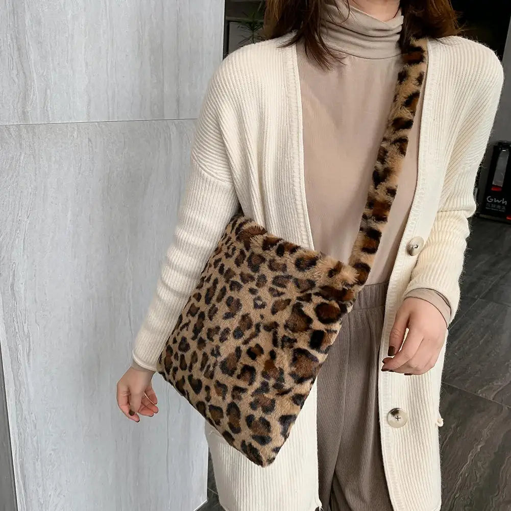 Leopard Plush Shoulder Bags for Women's Vintage Handbags