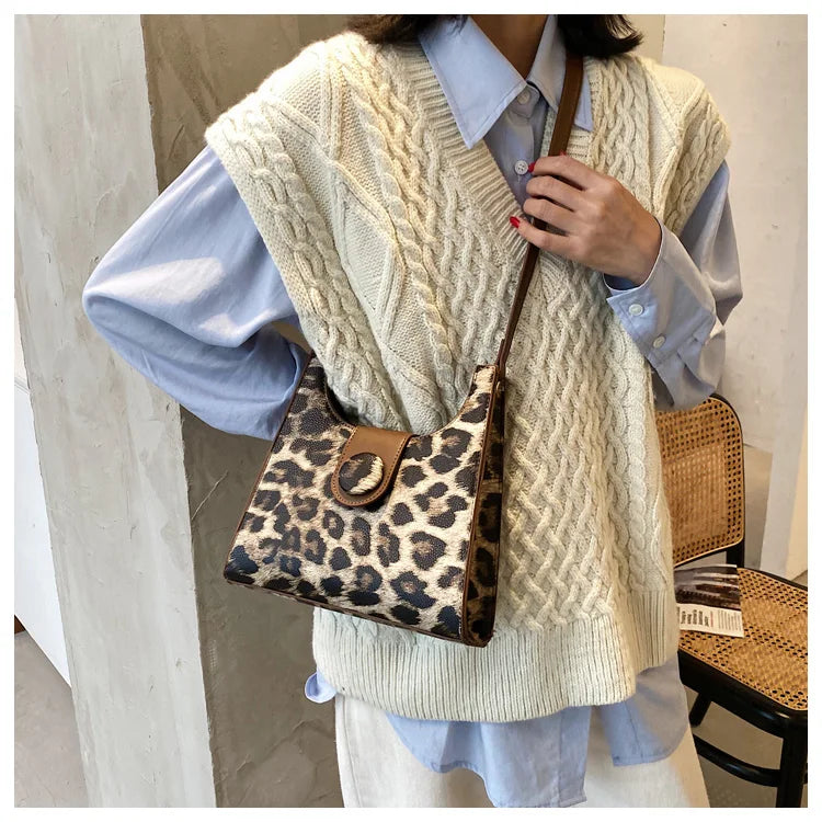 Leopard Print Underarm Bag Shoulder Crossbody Purse Leather Handbag