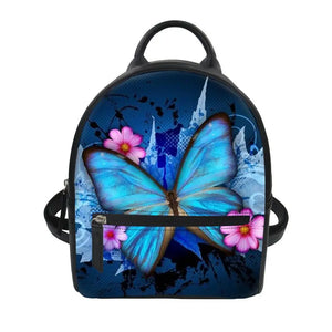Women Bag Butterfly Flower Print Mini PU Leather Backpack