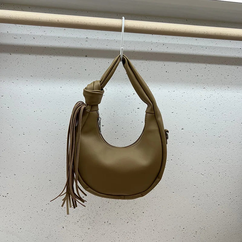 Half Moon Bag Women PU Tassel Shoulder Bag Semicircle Handbags