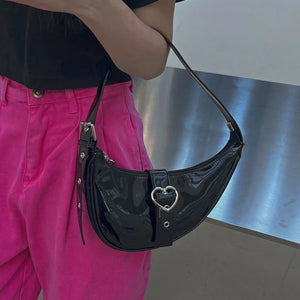 Half Moon Girls Underarm Bag Patent Leather Love Heart Clutch Purse