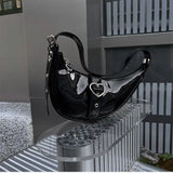 Half Moon Girls Underarm Bag Patent Leather Love Heart Clutch Purse