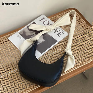 Half Moon Shoulder Bag Knot Strap Handbag Zipper PU Leather