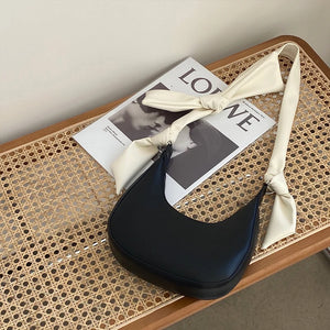 Half Moon Shoulder Bag Knot Strap Handbag Zipper PU Leather