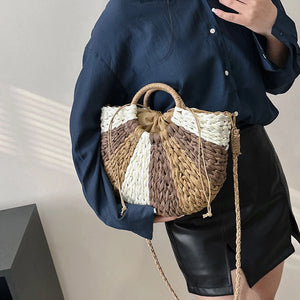 Half Moon Straw Bag Woven Crossbody Bohemian Rattan Bag