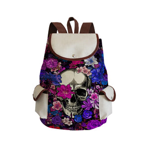 Floral Skull Print Backpack High Capacity Book Bag Women Drawstring Bags