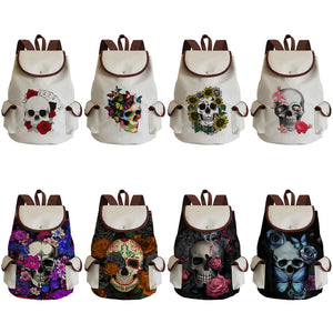 Floral Skull Print Backpack High Capacity Book Bag Women Drawstring Bags
