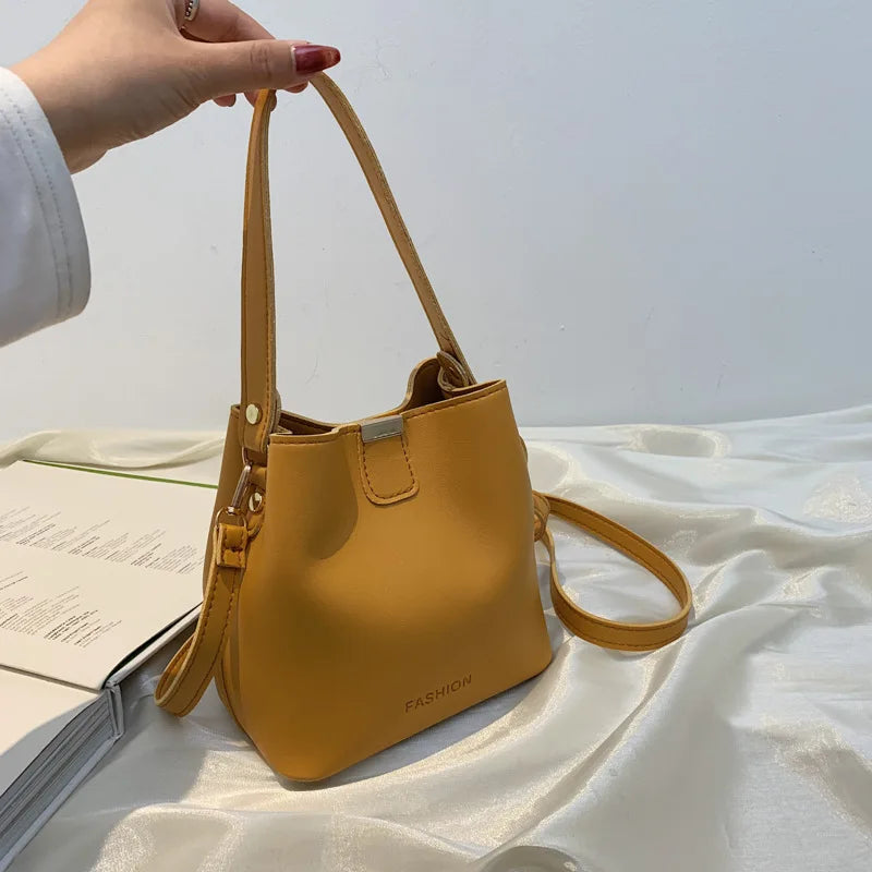 Vintage PU Leather Crossbody Bag Women Bucket Handbag